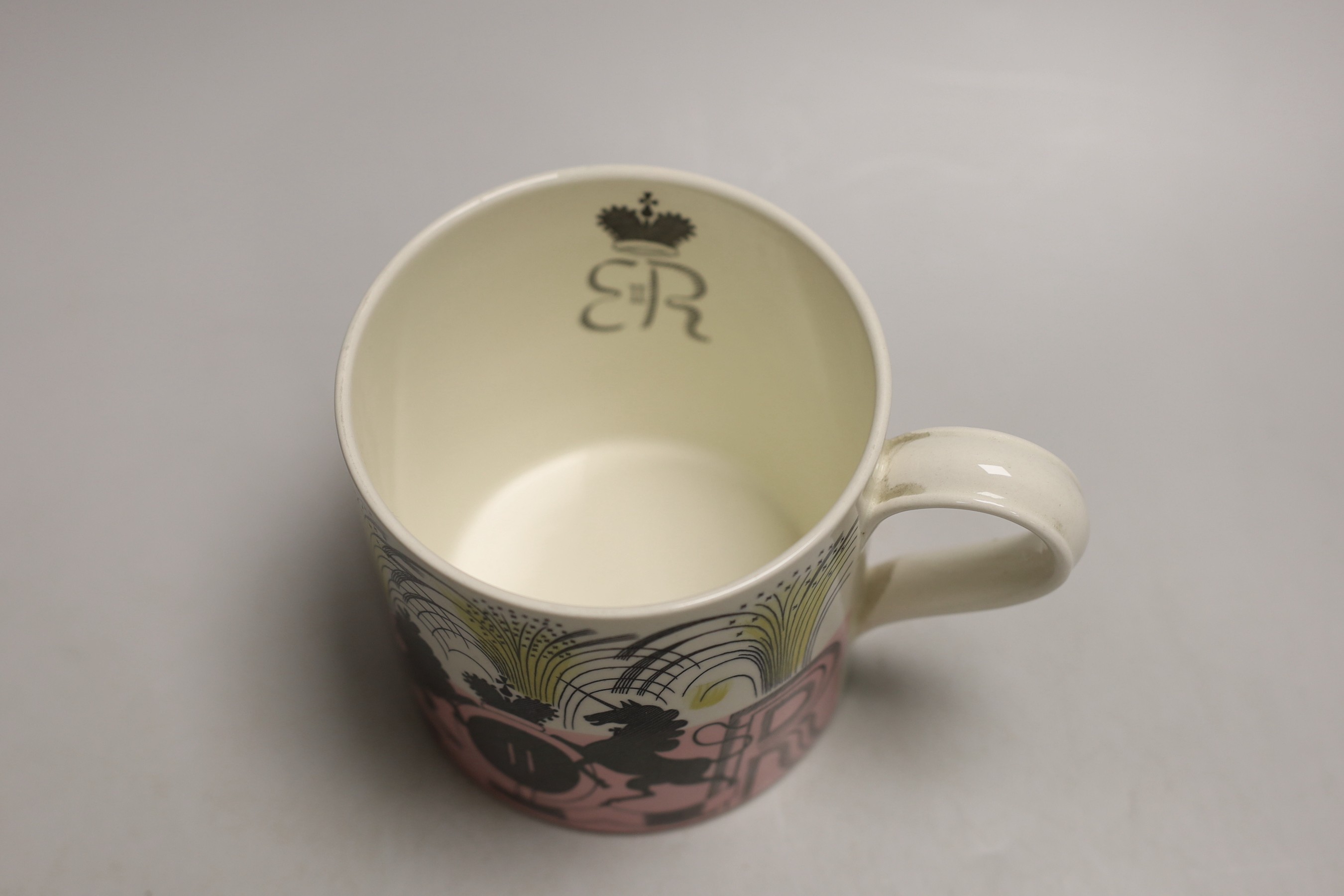 A Queen Elizabeth II coronation commemorative 1953 mug designed by Eric Ravilious